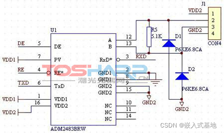 图3、隔离型RS485芯片ADM2483应用图