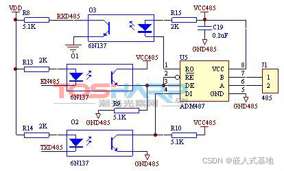 图2、光电隔离RS485典型电路