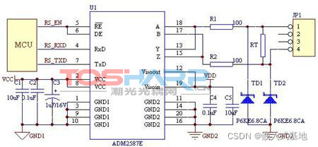  图4、完全隔离型RS485/422芯片ADM2587E应用图